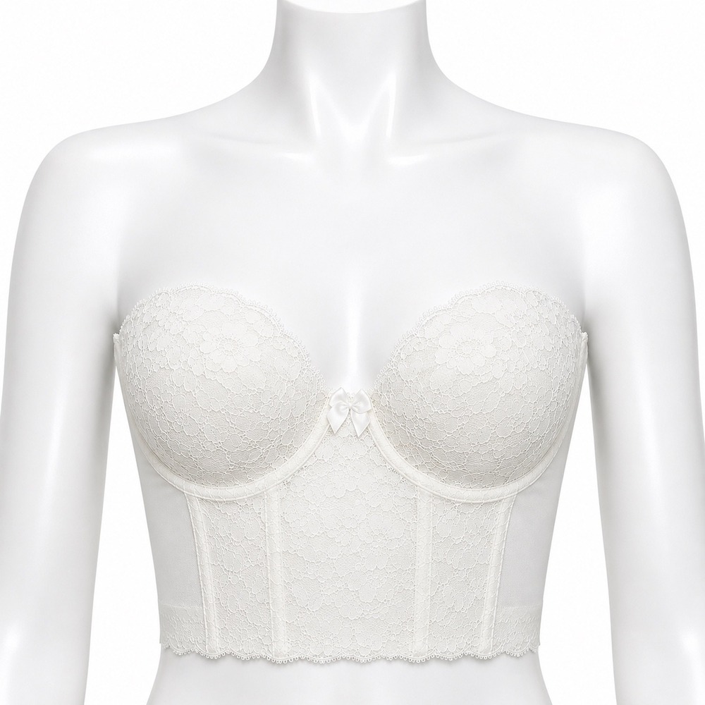 Vintage 90s Victorias Secret White Lace Longline Strapless Bustier Bra 34C